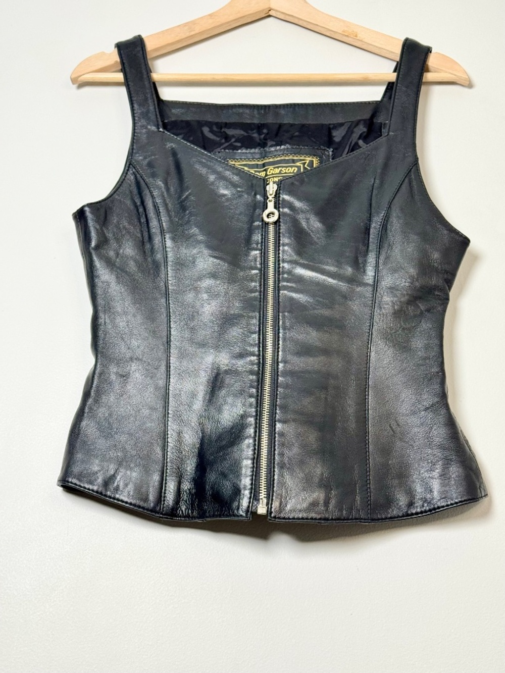 Vintage Rem Garson The Second Skin Black Genuine Leather Moto Full Zip Vest Sz M